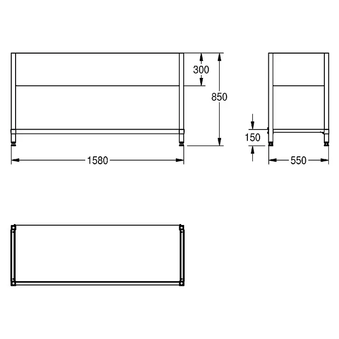 KWC Einbauspüle MAXIMA - 160 x 56 cm - Technische Zeichnung eines Schranks: 1580mm Breite, 850mm Höhe, 550mm Tiefe, mit 150mm hohen Beinen.