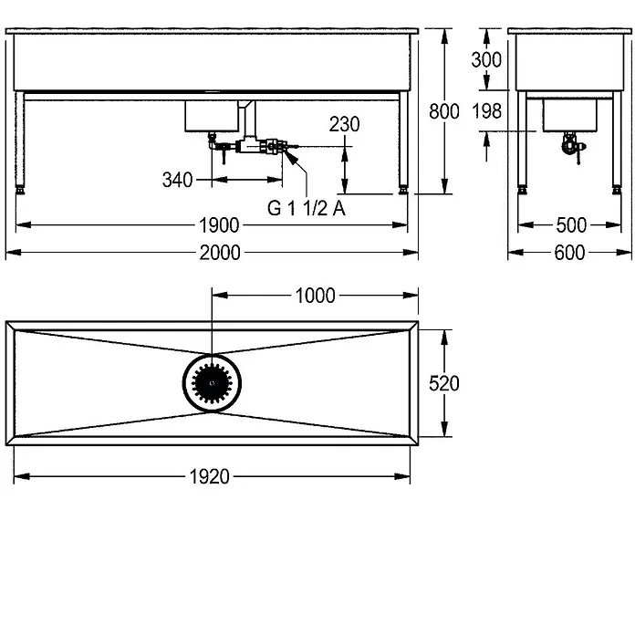 KWC Einbauspüle SIRIUS - 201 x 61 cm - Technische Zeichnung eines großen Industriebeckens oder Waschtrogs, mit Vorder-, Seiten- und Draufsicht und detaillierten Maßen.
