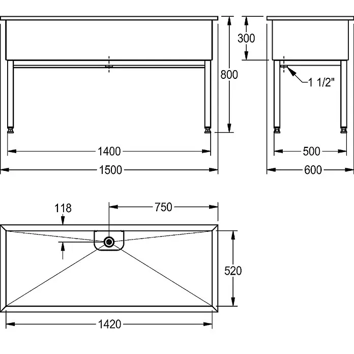 KWC Waschbecken KWC -  - Maße eines rechteckigen Spülbeckens auf Beinen, 1500x600x800mm, mit 1 1/2" zentralem Abfluss.