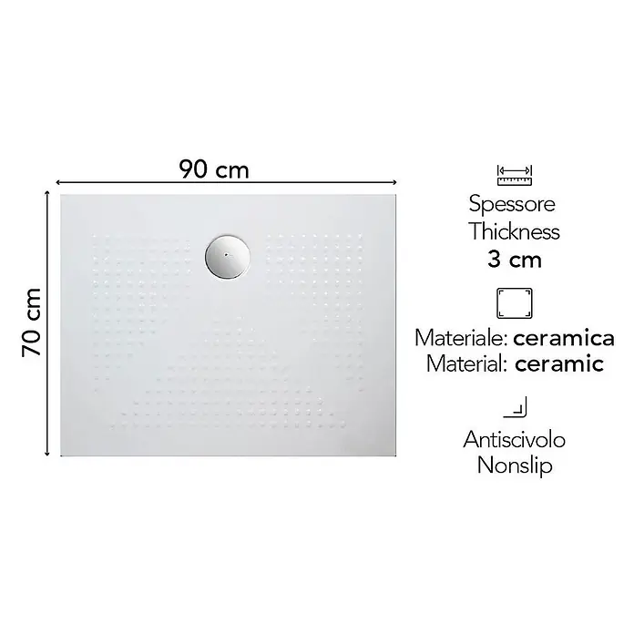 Kiamami Valentina Duschwanne - L x B: 700 x 900 cm, Naturstein, Weiß - Weißer Keramik-Duschwanne, 90x70x3 cm, mit rutschfester Oberfläche.