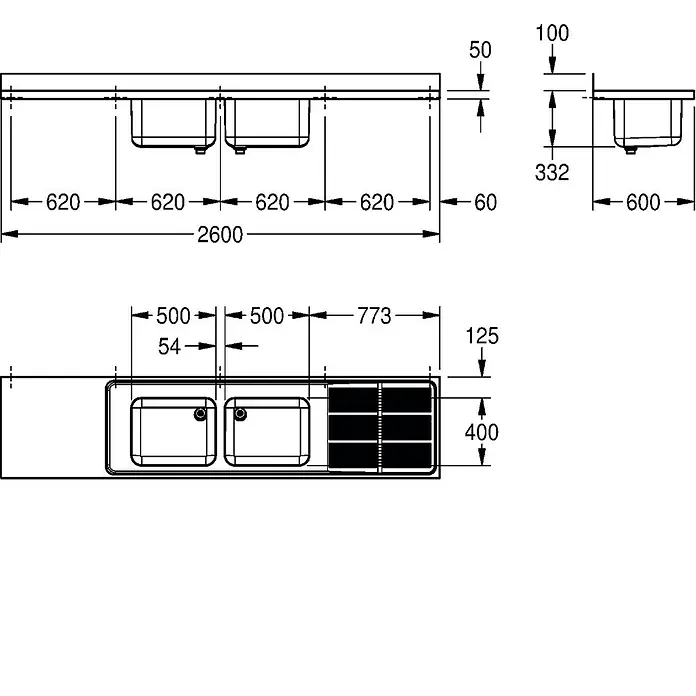 KWC Einbauspüle MAXIMA - 261 x 61 cm - Technische Zeichnung einer Doppelspüle mit zwei Becken und Rillenabtropffläche, detailliert mit Ober-, Vorder- und Seitenmaßen.