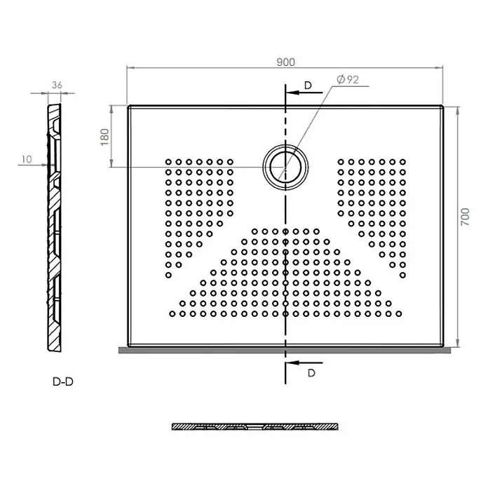 Kiamami Valentina Duschwanne - L x B: 700 x 900 cm, Naturstein, Weiß - Technische Zeichnung einer rechteckigen, perforierten Metall-Duschabflussplatte, 900x700mm, mit zentraler Ø92mm Öffnung.
