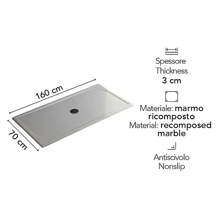 Kiamami Valentina Duschwanne - L x B: 1.600 x 700 cm, Verbundwerkstoff, Weiß - Rechteckige 160x70 cm rutschfeste Duschwanne, 3 cm dick, aus rekonstituiertem Marmor.