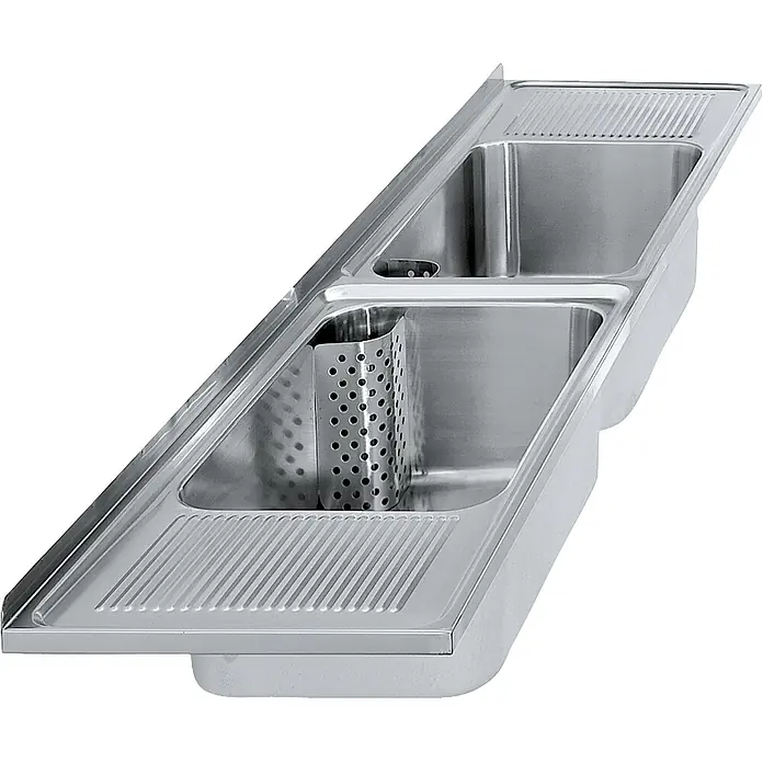 KWC Waschbecken KWC -  - Edelstahl-Gastrospüle mit zwei Becken, zwei Abtropfflächen und integriertem perforiertem Besteckhalter.