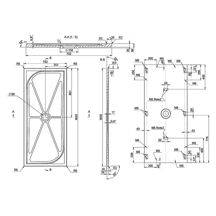 Kiamami Valentina Duschwanne - L x B: 1.600 x 700 cm, Verbundwerkstoff, Weiß - Technische Zeichnung einer rechteckigen Duschwanne, 702x1602mm, mit abgerundeten Ecken, zentralem Ø90mm Abfluss und Montageangaben.