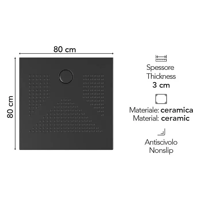 Kiamami Valentina Duschwanne - L x B: 800 x 800 cm, Naturstein, Schwarz - Schwarze, quadratische Keramik-Duschwanne, 80x80 cm, 3 cm dick, mit rutschfester Oberfläche.