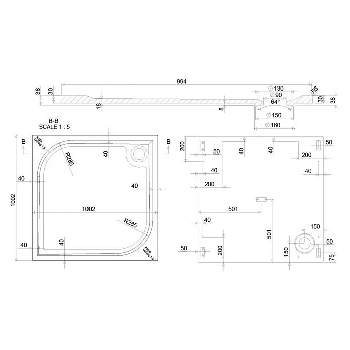 Kiamami Valentina Duschwanne - L x B: 1.000 x 1.000 cm, Verbundwerkstoff, Weiß - Technische Zeichnung einer Duschwanne, mit Maßen und Installationspunkten.