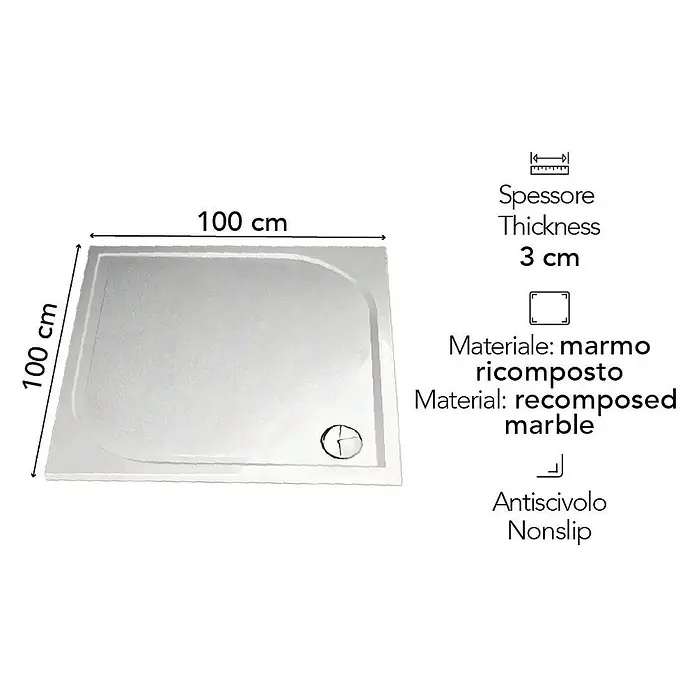 Kiamami Valentina Duschwanne - L x B: 1.000 x 1.000 cm, Verbundwerkstoff, Weiß - Quadratische 100x100 cm, 3 cm dicke Duschwanne aus rutschfestem Rekomposit-Marmor mit einer abgerundeten Ecke.