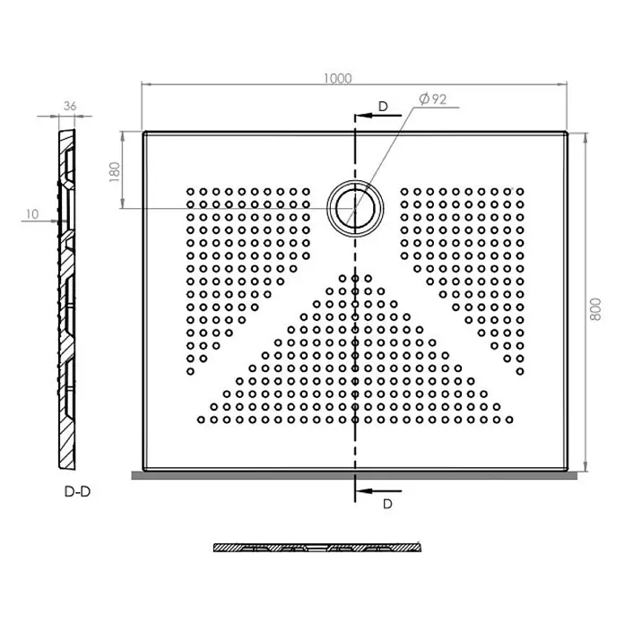 KV Flache DuschwanneN bodengleicher Einbau matt schwarz 100X80 | Delfino -  - Rechteckiger Duschrost aus Metall mit perforierter Oberfläche und zentralem rundem Ablauf, dargestellt in einer technischen Zeichnung.
