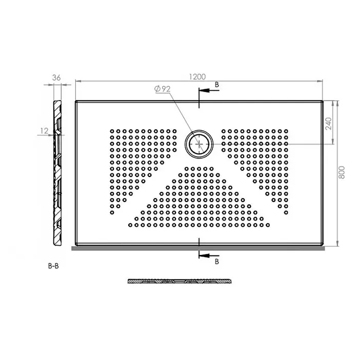 Kiamami Valentina Duschwanne - L x B: 1.200 x 800 cm, Naturstein, Schwarz - Rechteckiger perforierter Abflussrost (1200x800mm) mit zentraler Ø92mm Öffnung, detailliertem Lochmuster und 36mm dicker Seitenansicht.