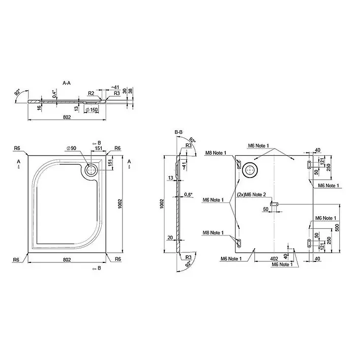 Kiamami Valentina Duschwanne - L x B: 1.000 x 800 cm, Verbundwerkstoff, Weiß - Technische Zeichnung einer rechteckigen Duschwanne (802x1002mm) mit abgerundeter Ecke und 90mm Abfluss.