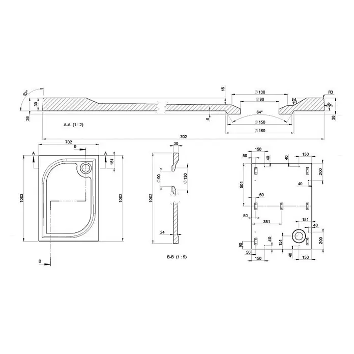 Kiamami Valentina Duschwanne - L x B: 1.000 x 700 cm, Verbundwerkstoff, Weiß - Technische Zeichnung einer rechteckigen Duschwanne, 1002x702 mm, mit abgerundeter Ecke und Rundablauf.