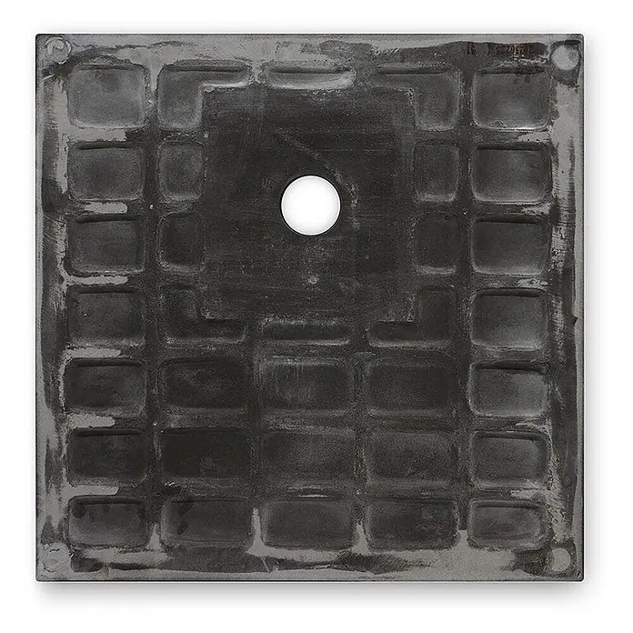 Kiamami Valentina Duschwanne - L x B: 900 x 900 cm, Verbundwerkstoff, Anthrazitgrau - Dunkelgraue, quadratische Duschwannenschale mit mittigem Abflussloch und gerasterter Unterseite.