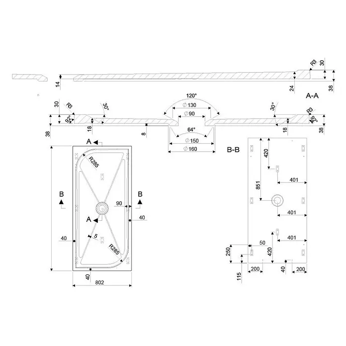 Kiamami Valentina Duschwanne - L x B: 1.700 x 800 cm, Verbundwerkstoff, Weiß - Technische Zeichnung einer rechteckigen Duschwanne mit einer abgerundeten Ecke, zeigt Grundriss, Schnitte und Maße.