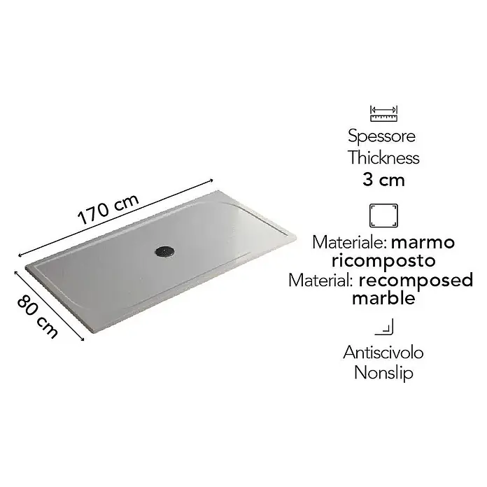 Kiamami Valentina Duschwanne - L x B: 1.700 x 800 cm, Verbundwerkstoff, Weiß - Rechteckige graue Duschwanne, 170x80x3 cm, aus rutschfestem Rekomposit-Marmor.