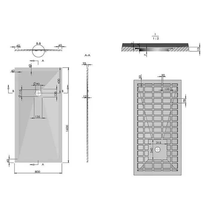 Kiamami Valentina Duschwanne - L x B: 1.600 x 800 cm, Verbundwerkstoff, Weiß - Rechteckige Duschwanne, hellgrau, mit zentralem Ablauf und Verstärkungsstruktur an der Unterseite.