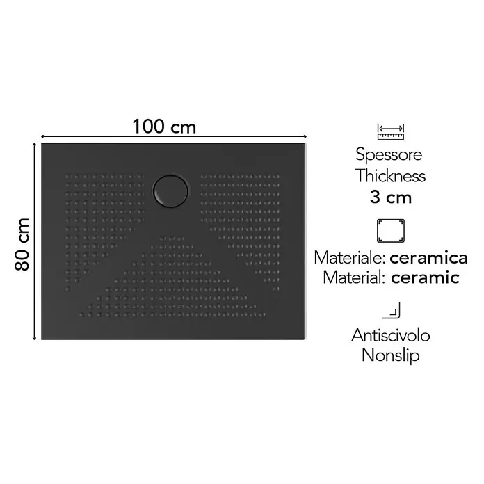 KV Flache DuschwanneN bodengleicher Einbau matt schwarz 100X80 | Delfino -  - Schwarze Keramik-Duschwanne, 100x80 cm, 3 cm dick, rutschfeste Oberfläche, mit zentralem Ablauf.