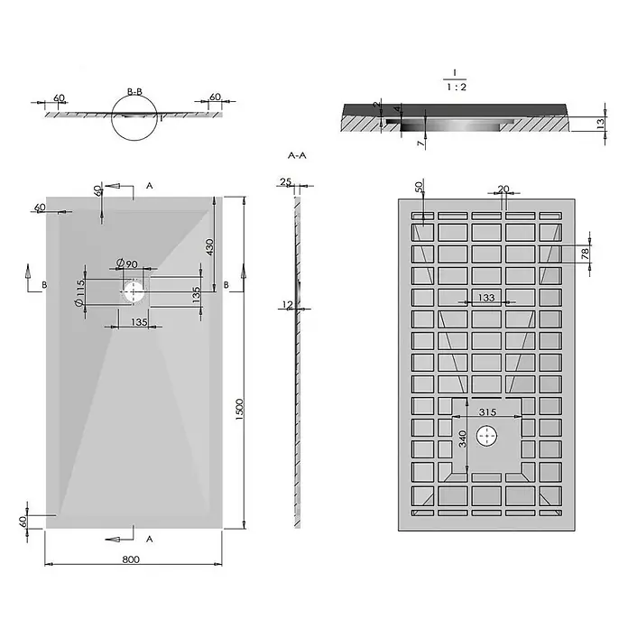 Kiamami Valentina Duschwanne - L x B: 1.500 x 800 cm, Verbundwerkstoff, Anthrazitgrau - Technische Zeichnung einer rechteckigen Duschwanne mit zentralem Abfluss und gerasterter Unterseite.
