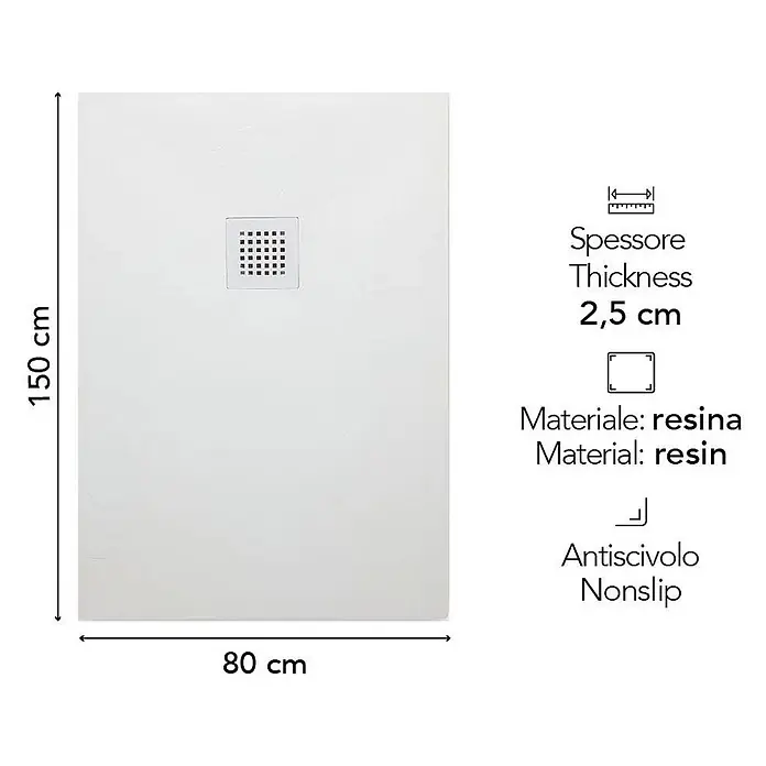 Kiamami Valentina Duschwanne - L x B: 1.500 x 800 cm, Verbundwerkstoff, Weiß - Weißes Harz-Duschbecken, 150x80 cm, 2,5 cm dick, mit rutschfester Oberfläche.