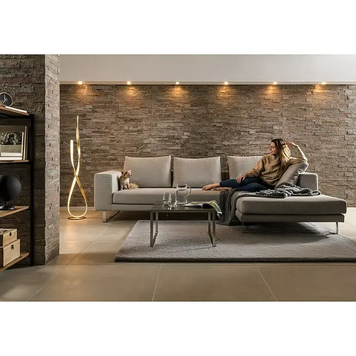 Fellteppich Happy - Silber, 330 x 240 cm, 100 % Polyester (Flor) - Elegante Stehlampe im modernen Wohnzimmer mit Frau und Hund auf dem Sofa. Die Lampe sorgt für warmes Licht und eine stilvolle Atmosphäre.