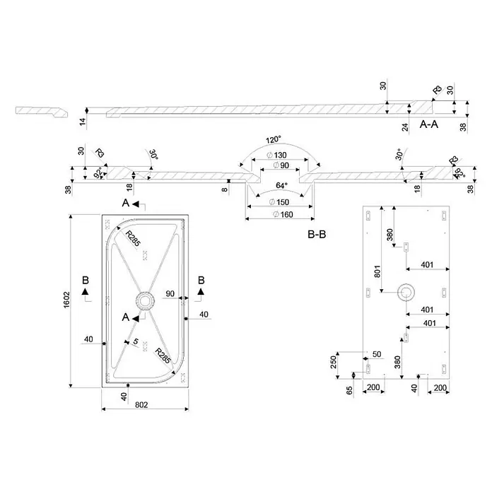 Kiamami Valentina Duschwanne - L x B: 160 x 80 cm, Verbundwerkstoff, Weiß - Technisches Diagramm einer rechteckigen Duschwanne mit abgerundeter Ecke und zentralem Abfluss, inkl. Maßen und Schnitten.