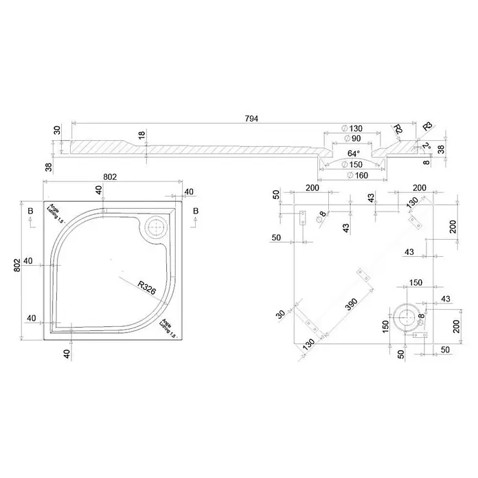 Kiamami Valentina Duschwanne - L x B: 800 x 800 cm, Verbundwerkstoff, Weiß - Technische Zeichnung einer viertelrunden Duschwanne, 802x802 mm mit R326 Radius, inklusive Querschnitt und Ablaufposition.