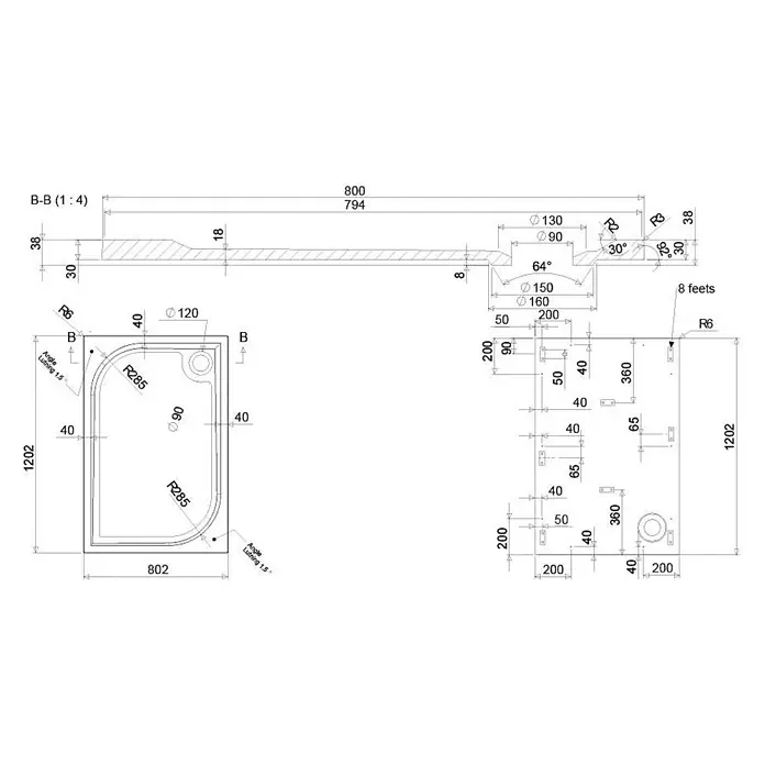 Kiamami Valentina Duschwanne - L x B: 120 x 80 cm, Verbundwerkstoff, Weiß - Technische Zeichnung einer rechteckigen Duschwanne mit zwei abgerundeten Ecken, 1202x802mm, und Ablauf in der Ecke.