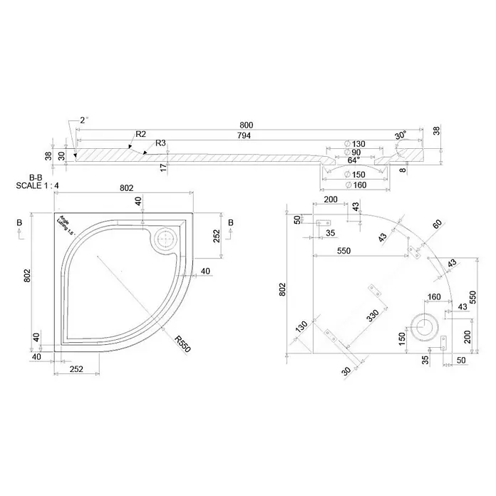 Kiamami Valentina Duschwanne - L x B: 800 x 800 cm, Verbundwerkstoff, Weiß - Technische Zeichnung einer Viertelkreis-Duschwanne, 802x802mm mit R550 Radius, inkl. Maßen und Installationsdetails.