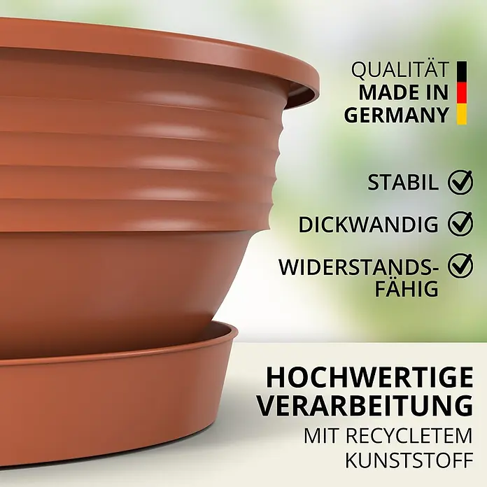 Plastard Pflanzschale rund 3er-Set Ø 32 cm mit Metallkorb hängend Terrakotta - 3 Stk., Außenmaß (Ø x H): 32 x 12,5 cm, Kunststoff, Terrakotta - Brauner Pflanztopf aus recyceltem Kunststoff mit Untersetzer, stabil und dickwandig.