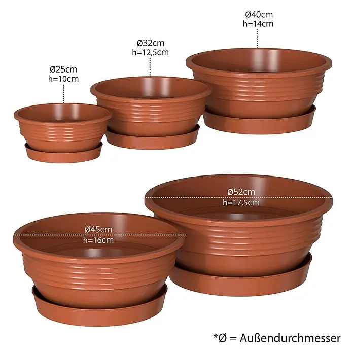 Plastard Pflanzschale rund 5er Set Pflanzenschalen Ø 52 cm mit Untersetzer rund – Terrakotta - 5 Stk., Außenmaß (Ø x H): 52 x 17,5 cm, Kunststoff, Terrakotta - Braune Pflanztöpfe aus Kunststoff mit Untersetzern in verschiedenen Größen, mit Maßen für Außendurchmesser und Höhe.