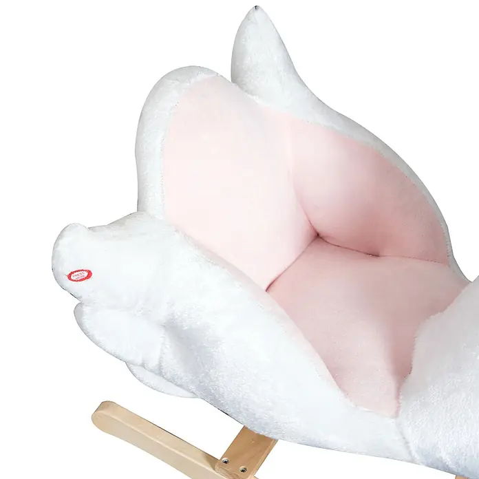 Homcom Holzpferd - L x B x H: 60 x 32 x 55 cm, Altersempfehlung: 1,5 Jahre - Weißes Plüsch-Schaukeltier mit weicher rosa Sitzfläche und Holzuntergestell, mit „PRESS HERE“-Knopf.