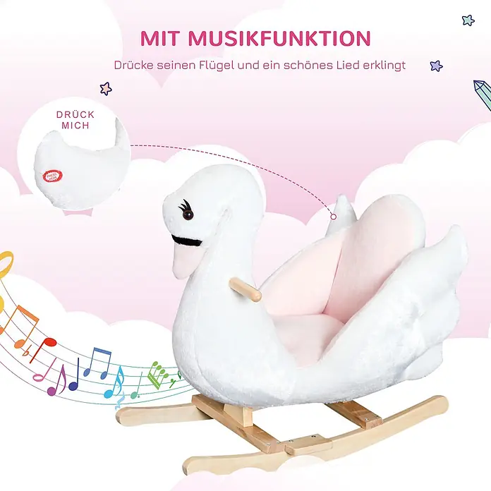 Homcom Holzpferd - L x B x H: 60 x 32 x 55 cm, Altersempfehlung: 1,5 Jahre - Weißes Plüsch-Schwan-Schaukelpferd mit pinkem Sitz und Holzgestell, mit Musikfunktion.