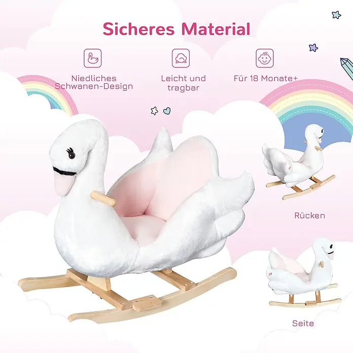 Homcom Holzpferd - L x B x H: 60 x 32 x 55 cm, Altersempfehlung: 1,5 Jahre - Weißer Plüsch-Schwanen-Schaukelstuhl mit rosa Sitzfläche und hölzerner Schaukelbasis, geeignet für Babys ab 18 Monaten.