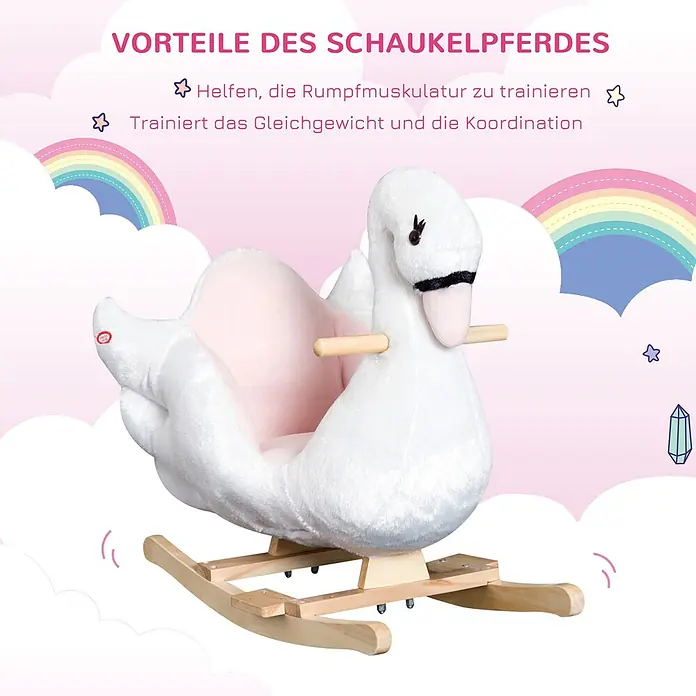 Homcom Holzpferd - L x B x H: 60 x 32 x 55 cm, Altersempfehlung: 1,5 Jahre - Weißer Plüsch-Schwan als Schaukelpferd mit rosa Sitz und Holzschaukeln. Mit "Press Here"-Knopf am Flügel.