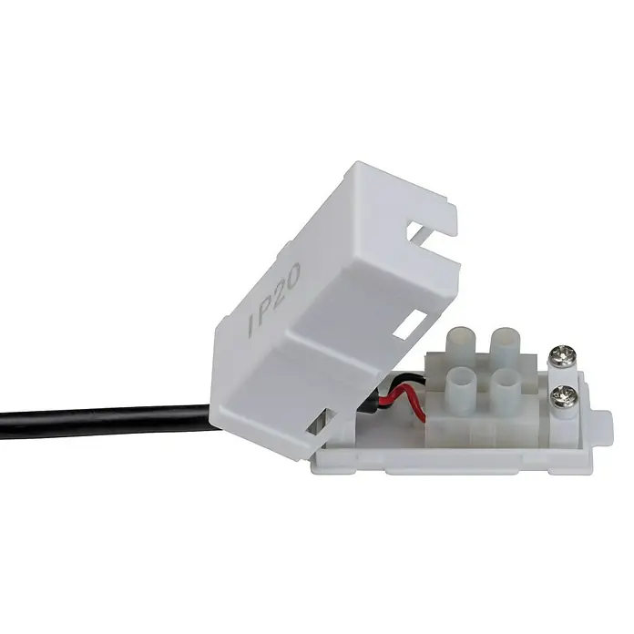 Paulmann LED-Einbauleuchte Base - 5 W, Silber, Warmweiß, Durchmesser: 51 mm - Nahaufnahme einer weißen IP20-Anschlussdose mit geöffnetem Deckel und sichtbaren Klemmen für elektrische Verbindungen.