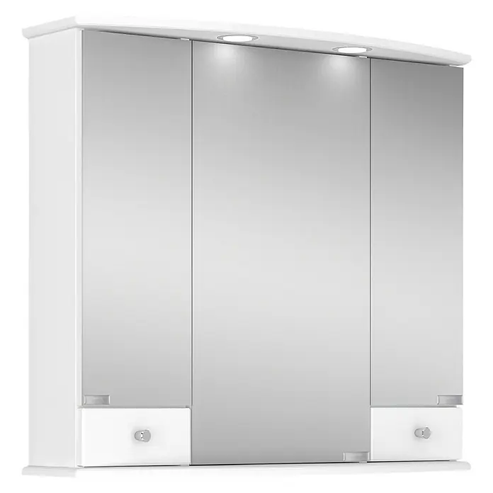 Riva LED-Spiegelschrank Dakota - B x H: 77,7 x 71,8 cm, Holz, Weiß - Ein Spiegelschrank in Weiß mit drei Türen und integrierter Beleuchtung, ideal für jedes Badezimmer.
