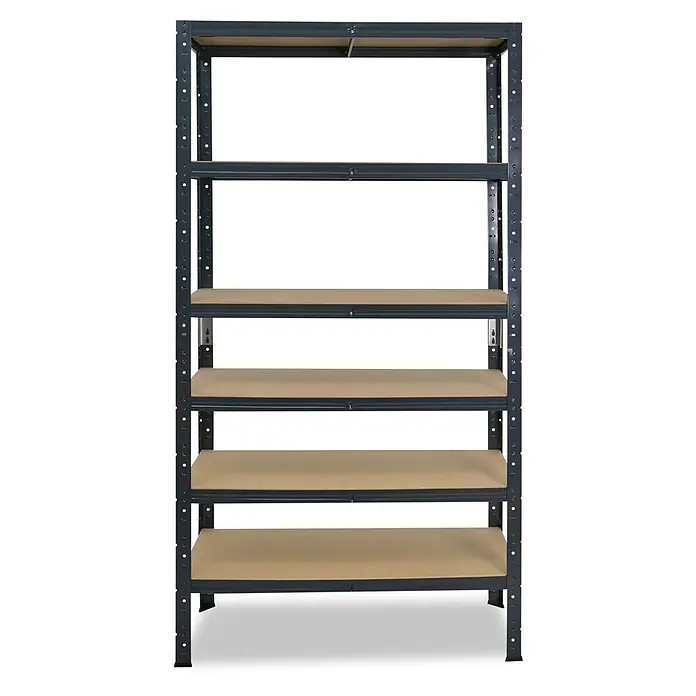 shelfplaza Schwerlastregal HOME - H x B x T: 180 x 90 x 23 cm, Traglast pro Boden: 175 kg, Stecken, anthrazit - Fünfstöckiges Schwerlastregal mit dunkelgrauem Metallrahmen und hellbraunen Holzablagen.