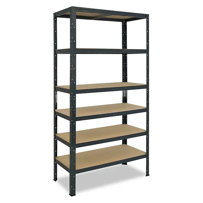 shelfplaza Schwerlastregal HOME - H x B x T: 180 x 90 x 23 cm, Traglast pro Boden: 175 kg, Stecken, anthrazit - Dunkelgraues Metallregal mit sechs verstellbaren hellbraunen Holzablagen für vielseitige Aufbewahrung.