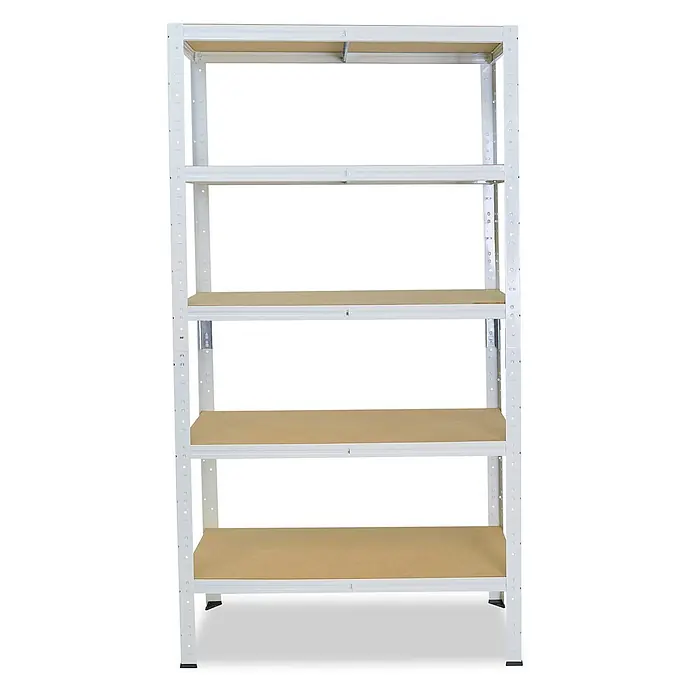shelfplaza Schwerlastregal HOME - H x B x T: 230 x 110 x 30 cm, Traglast pro Boden: 175 kg, Stecken, weiß - Weißes Metallregal mit fünf hellbraunen Regalböden.