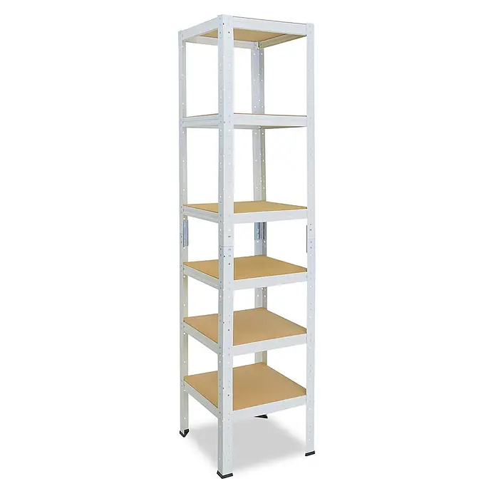 shelfplaza Schwerlastregal HOME - H x B x T: 230 x 45 x 45 cm, Traglast pro Boden: 175 kg, Stecken, weiß - Hohes weißes Metallregal mit sechs braunen MDF-Böden.
