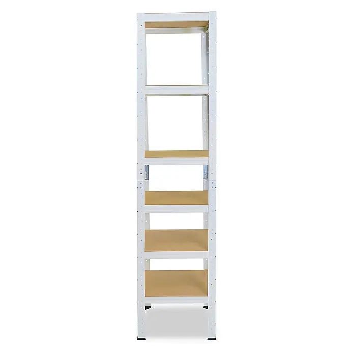 shelfplaza Schwerlastregal HOME - H x B x T: 230 x 45 x 45 cm, Traglast pro Boden: 175 kg, Stecken, weiß - Weißes Metall-Lagerregal mit fünf hellbraunen Holzregalböden.