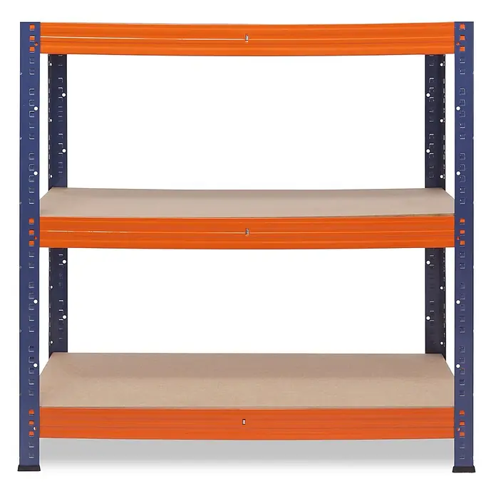 shelfplaza Schwerlastregal PRO - H x B x T: 100 x 70 x 40 cm, Traglast pro Boden: 200 kg, Stecken, blau-orange - Dreistöckiges Lagerregal mit blauem Rahmen, orangefarbenen Trägern und Holzregalböden.