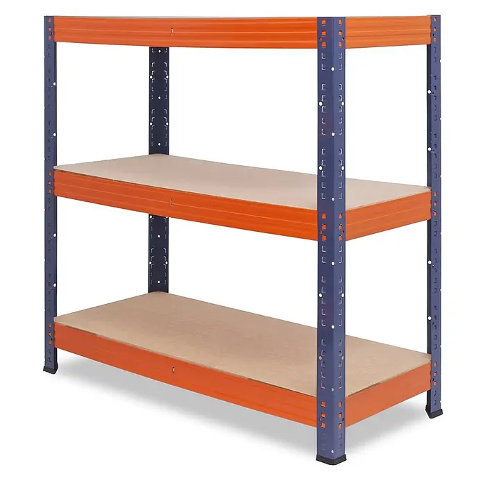 shelfplaza Schwerlastregal PRO - H x B x T: 100 x 70 x 40 cm, Traglast pro Boden: 200 kg, Stecken, blau-orange - Robustes blaues und oranges Metallregal mit drei Holzablagen.