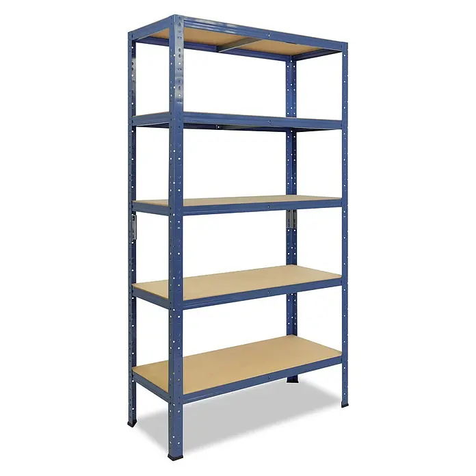shelfplaza Schwerlastregal HOME - H x B x T: 180 x 120 x 60 cm, Traglast pro Boden: 175 kg, Stecken, blau - Blaues Metallregal mit fünf hellbraunen Spanplattenablagen, ideal zur Lagerung in Garagen oder Werkstätten.
