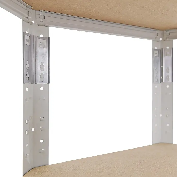 shelfplaza Schwerlastregal OFFICE - H x B x T: 230 x 70 x 40 cm, Traglast pro Boden: 175 kg, Stecken, lichtgrau - Nahaufnahme eines grauen Metallregals mit braunen Spanplattenböden, das das schraubenlose Verbindungssystem zeigt.