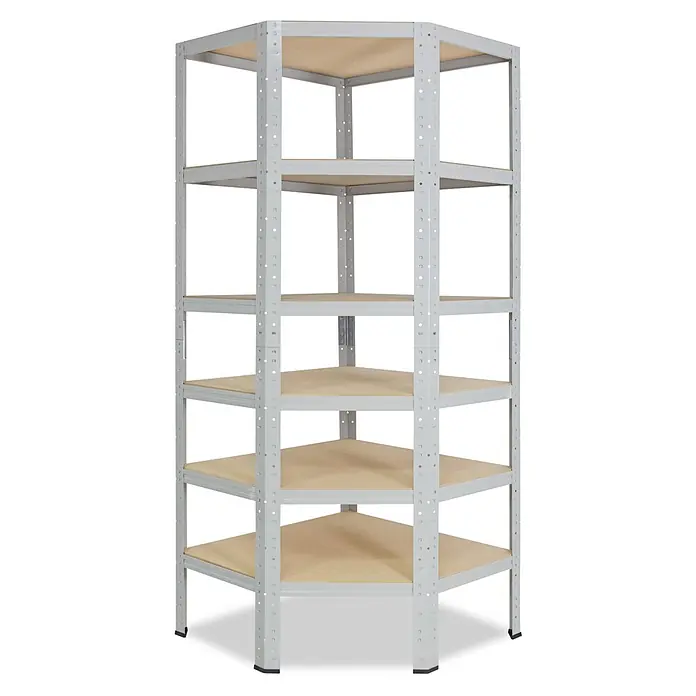 shelfplaza Schwerlastregal OFFICE - H x B x T: 200 x 60 x 30 cm, Traglast pro Boden: 175 kg, Stecken, lichtgrau - Sechsstufiges Eckregal mit grauem Metallrahmen und hellen Holzablagen.