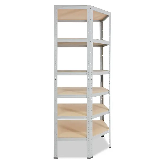 shelfplaza Schwerlastregal OFFICE - H x B x T: 200 x 60 x 30 cm, Traglast pro Boden: 175 kg, Stecken, lichtgrau - Ein hellgraues Metallregal mit fünf hellbraunen Holzablagen, konzipiert für vielseitige Lagerung.