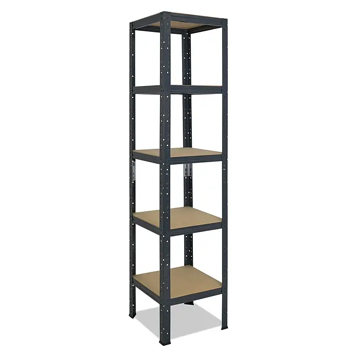 shelfplaza Schwerlastregal HOME - H x B x T: 180 x 30 x 30 cm, Traglast pro Boden: 175 kg, Stecken, anthrazit - Fünfstöckiges anthrazitfarbenes Metallregal mit hellbraunen Holzböden.