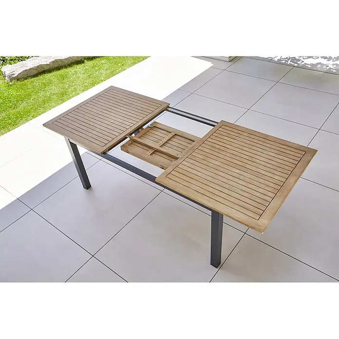 Sunfun Gartenmöbel-Set Carina/Maja - 7 -tlg., Akazie/Textilen/Metall, Naturbraun/Anthrazit, Gartenstuhl klappbar - Ausziehbarer Gartentisch aus Holz mit grauem Metallgestell für den Außenbereich.