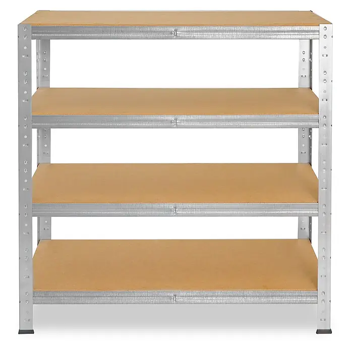 shelfplaza Schwerlastregal HOME - H x B x T: 100 x 100 x 30 cm, Traglast pro Boden: 175 kg, Anzahl Böden: 4 Stk., Stecken, verzinkt - Vierstufiges Regal aus verzinktem Metall mit braunen Holzplatten, ideal zur Lagerung.